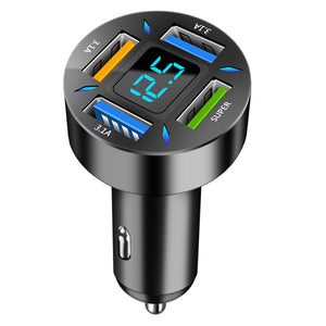 Fast Charging 4-USB Port Car Charger Adapter With LED Display