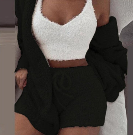 3-Piece Long Sleeve Crop Tank Top And Drawstring Shorts Pajama Set