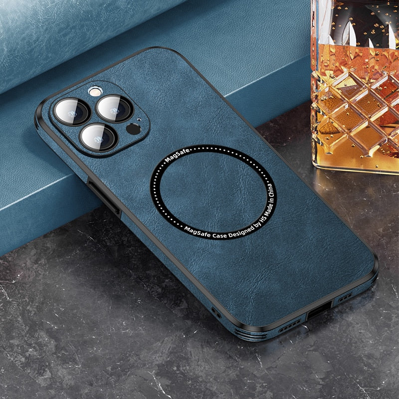 Luxury Magsafe Leather iPhone Case With Camera Lens Protector