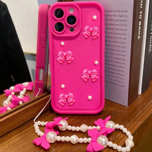 Load image into Gallery viewer, Cute Bowknot iPhone Case — 3D Pearl Korean-Style Soft Cover with Lanyard - Rose Red