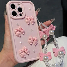 Load image into Gallery viewer, Cute Bowknot iPhone Case — 3D Pearl Korean-Style Soft Cover with Lanyard - Pink