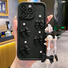 Load image into Gallery viewer, Cute Bowknot iPhone Case — 3D Pearl Korean-Style Soft Cover with Lanyard - Black