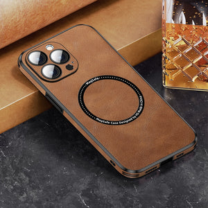 Luxury Magsafe Leather iPhone Case With Camera Lens Protector