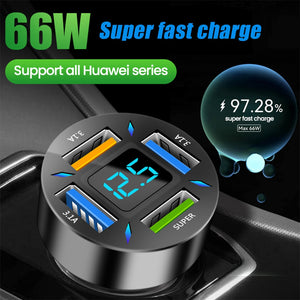 Fast Charging 4-USB Port Car Charger Adapter With LED Display