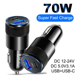 70W PD Car Charger USB Type-C Fast Charging Adapter