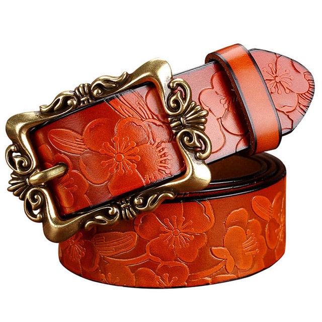 Vintage Floral Leather Belt Brown Big Flower / 105 cm